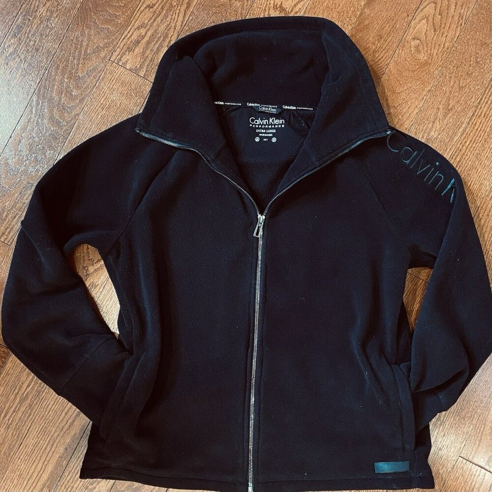 Calvin Klein Jacket Womens XL Black Fleece Performance Full Zip Spell Out Sleeve